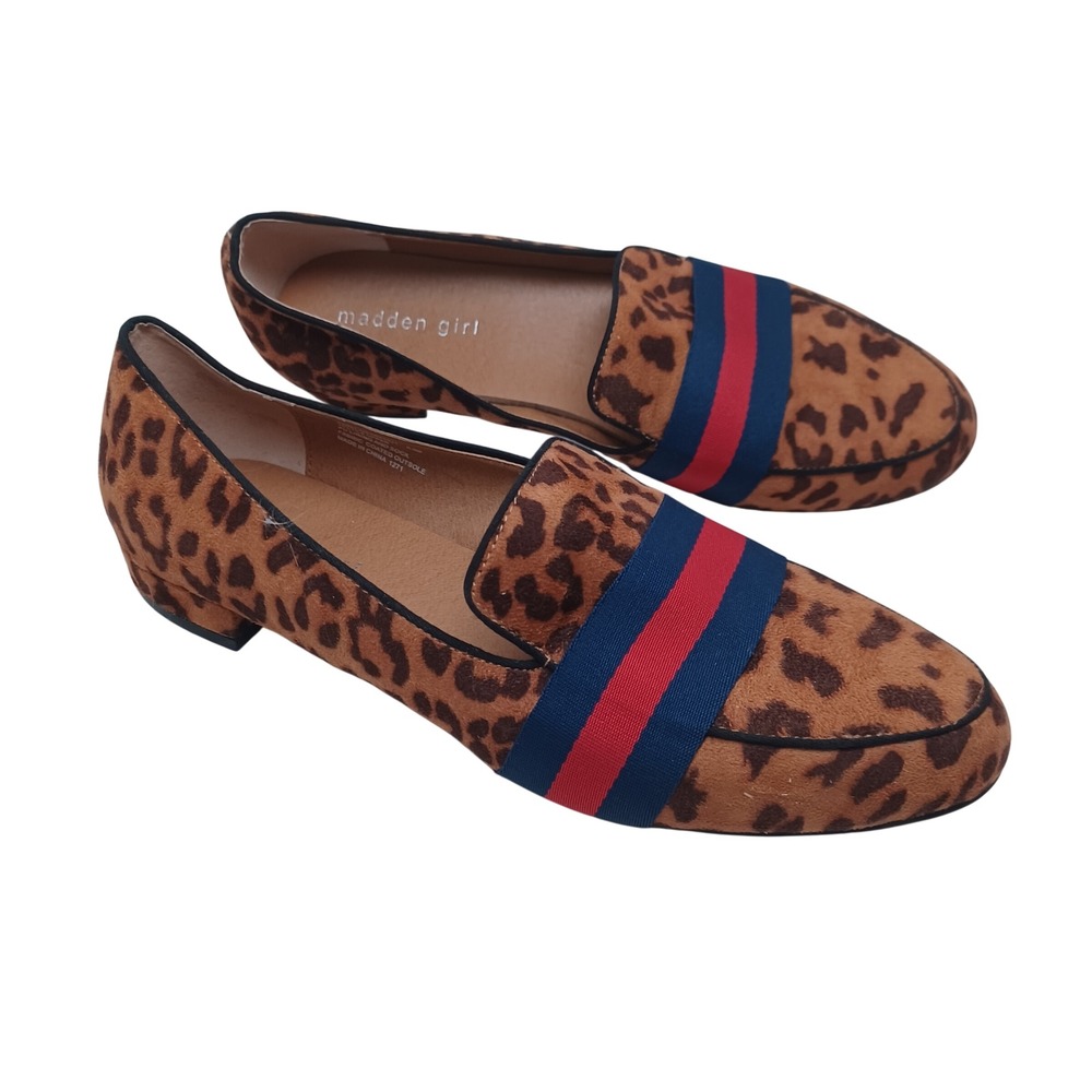 Madden Girl Sabela Leopard Print Striped Strap Loafers Brown Blue Red Women 8.5M